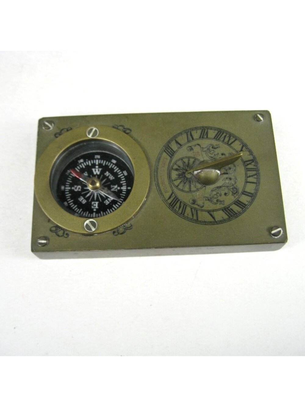 Vintage Brass Sundial Compass Roman Numerals Desk Travel Working Condition